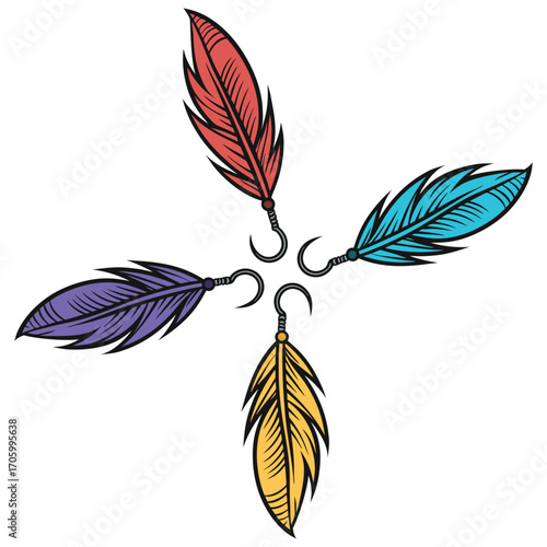 Three different color fishing lures feather hook on white background