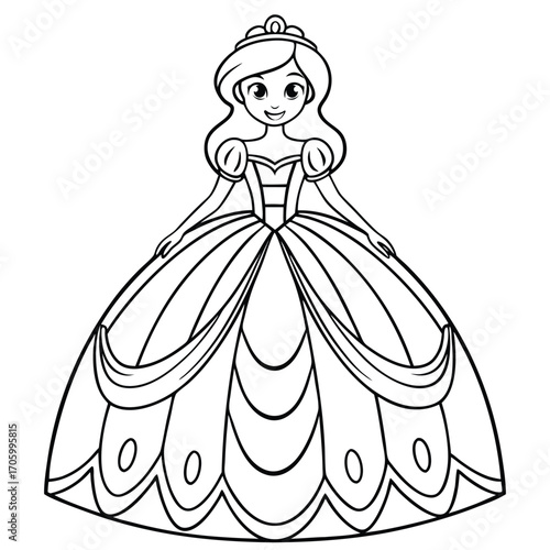 Black and white Princess ball gown coloring page on white background