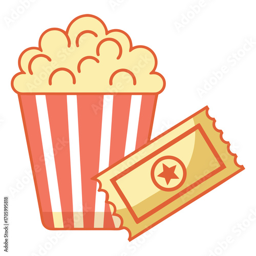 Retro Popcorn and ticket movie  on white background