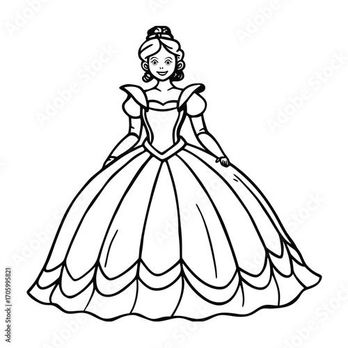 Princess ball gown coloring page on white background