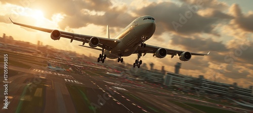 Jet soars skyward against golden hour, over blurred runway & city backdrop. Flight's adventure and anticipation evident
