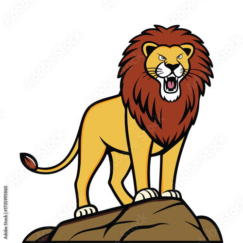 Roaring lion on rock on white background