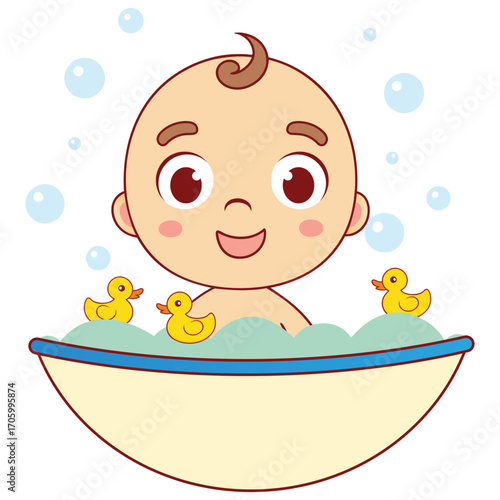 Babys bath time fun with rubber ducks on white background
