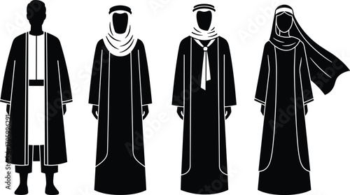 Middle Eastern traditional clothing vector set featuring male and female silhouettes with robes, headscarves, and cultural fashion elements in black-and-white
