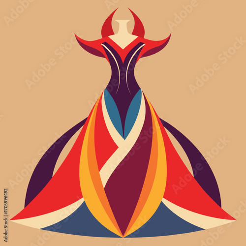 Abstract fashion design illustration featuring a flowing gown with vibrant color accents and elegant lines