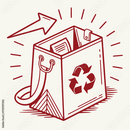 Recyclable shopping bag with recycling symbol, creative vector illustration
