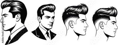 Stylish male hairstyle side view illustration set featuring classic slicked-back and modern fade haircut trends for fashion and grooming