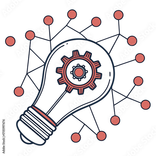 Lightbulb encloses gear with connection nodes extending outwards on transparent background