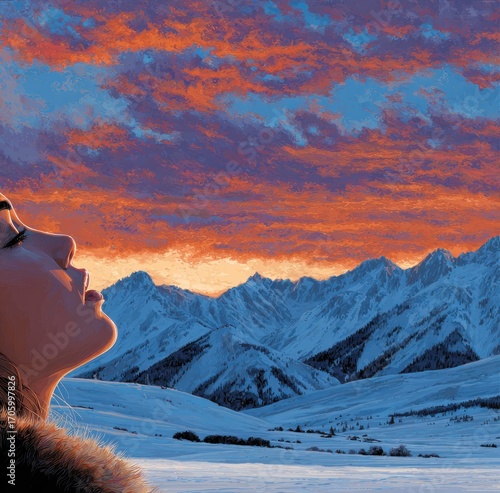 Woman's face tilts upward toward a sunset sky over snow-covered mountains, serene expression, with subtle brushstroke texture throughout the scene