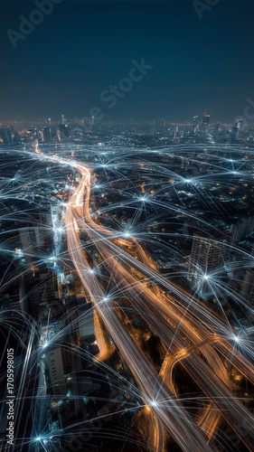 Aerial view of smart city at night with illuminated highways and digital network connections symbolizing global connectivity and advanced infrastructure