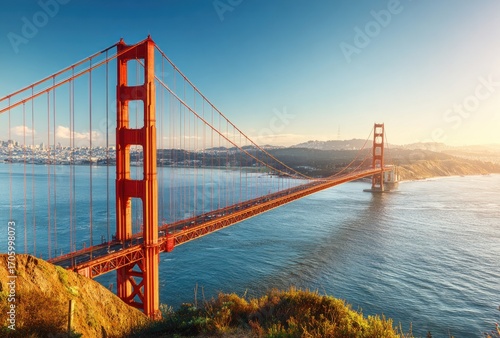 Iconic red suspension bridge spans a wide blue bay under a clear sky, with hills and a distant city on the horizon. Warm light bathes the scene