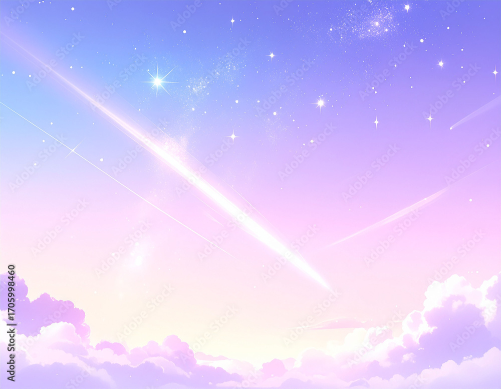 Fototapeta premium Dreamy Pastel Twilight Sky with Shooting Stars and Clouds