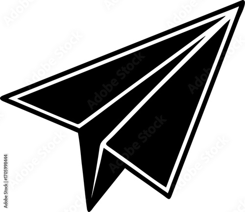Simple paper airplane vector icon with a bold outline. A black and white graphic symbol representing travel, communication, and flight