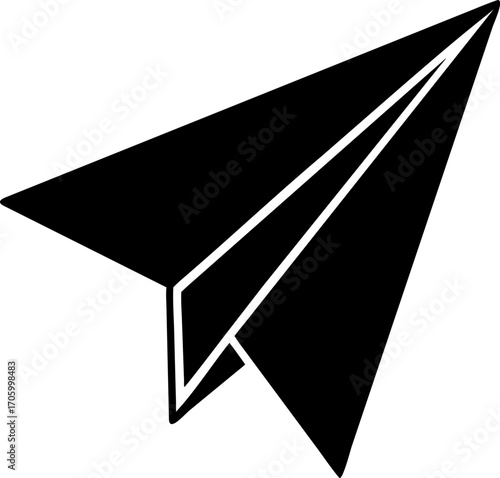 Sleek black paper airplane icon representing communication, travel, and messaging. A minimalist vector graphic silhouette for web design