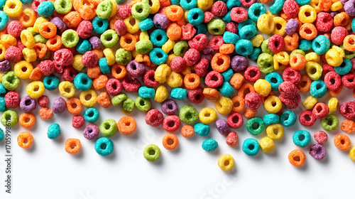 A vibrant and colorful assortment of fruit flavored cereal rings scattered on a white surface background