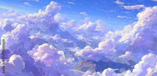 Dreamlike skyscape featuring fluffy clouds and distant mountains, rendered in soft pastel colors and an atmospheric, painterly style