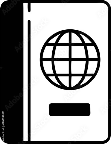 Minimalist international travel passport document icon with a globe symbol. Vector graphic for citizenship, immigration, tourism, and identification