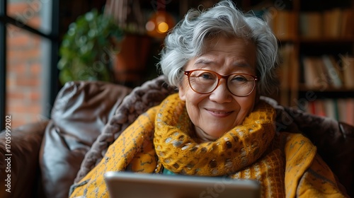 Senior woman using tablet with cozy cafe.