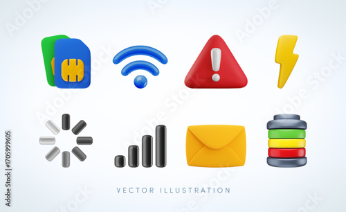 Vector cartoon 3d mobile phone status bar icon set. 3d Render of signal strength, wi-fi, message, battery, eSIM, notification, loading sign collection for infographic, web, app, design, game.