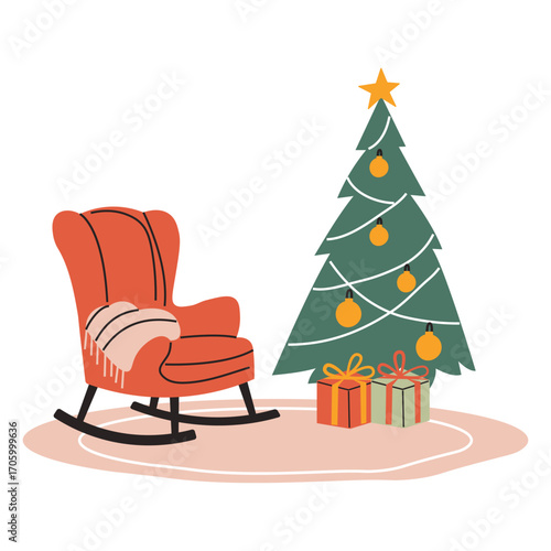 Red rocking chair with blanket and Christmas tree with presents