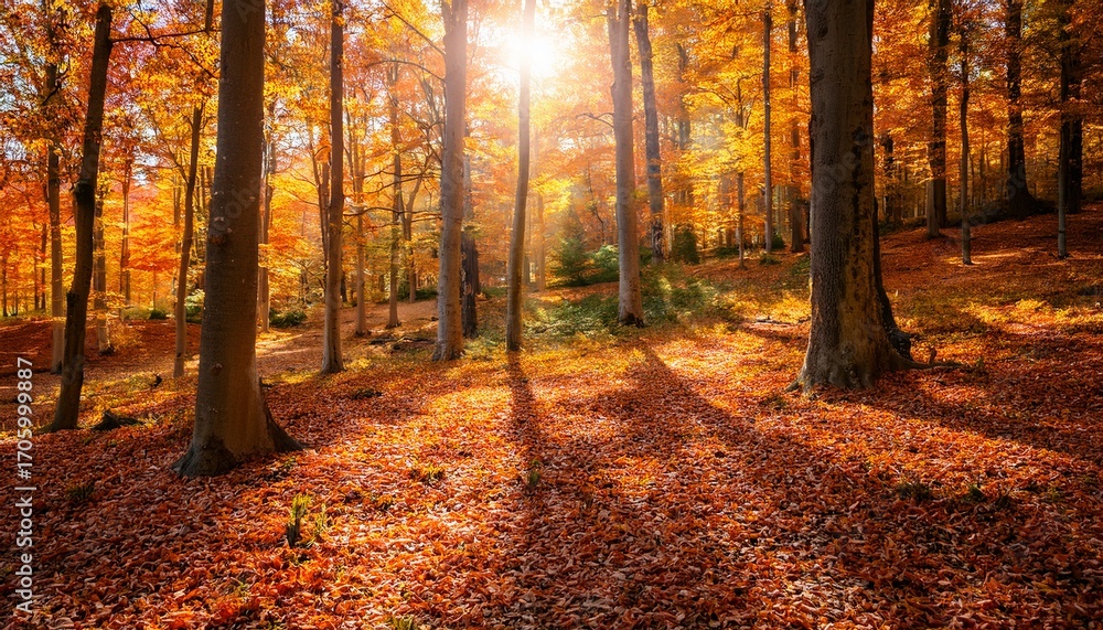 Obraz premium Autumn Forest Scene With Sunlight Filtering Through Trees Vibrant Orange Leaves Falling Creating A Magical Atmosphere In Nature S Beauty
