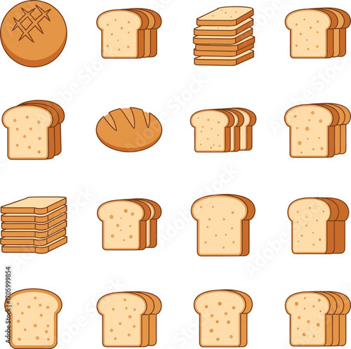 Flat Bread Loaf and Slice Icon Pack Vector