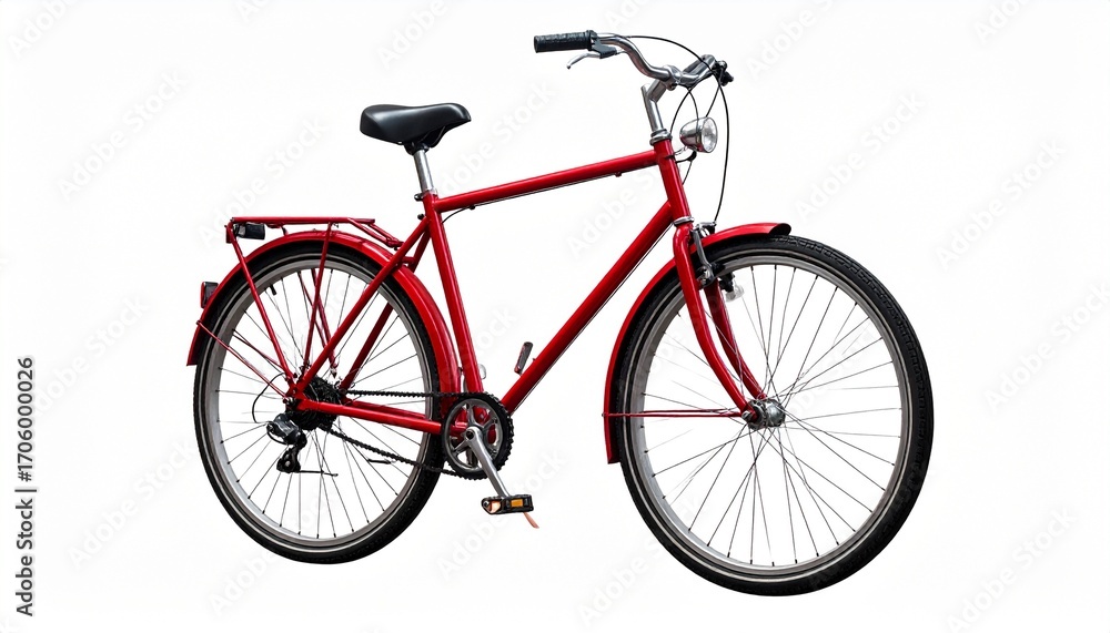 Fototapeta premium Red cruiser bicycle with cargo rack and fenders, isolated on white background