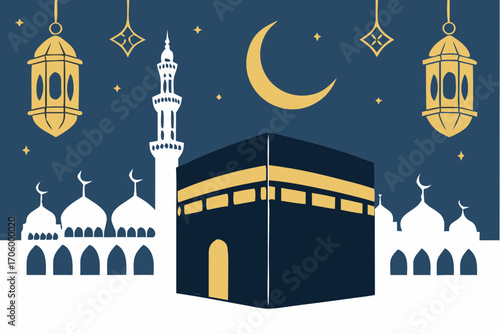 Elegant illustration of Kaaba with glowing golden lanterns and crescent