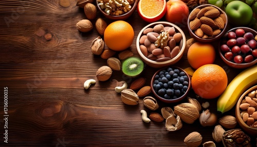 Assorted Nuts And Fruits On Wooden Background