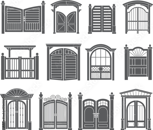 Collection of decorative gate designs, vintage wooden gates, modern iron entrances, flat black vector illustration, architectural elements, entry door graphics, elegant style
