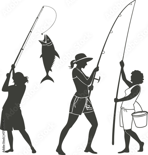 Vector illustration of a Fisherwoman with a Fishing Rod
