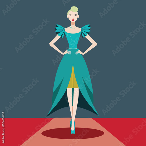 Elegant high fashion runway dress design with intricate details and flowing silhouette