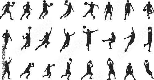 Flat vector illustration of basketball player silhouettes, multiple action poses with ball, sports figures in motion, athletic movement icons, black and white design