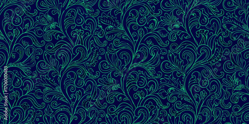 Elegant seamless pattern of swirling green floral vines and leaves on a deep navy blue background