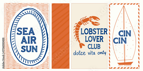 Nautical themed vintage style posters featuring sea air sun lobster lover club and cin cin with sailing boat