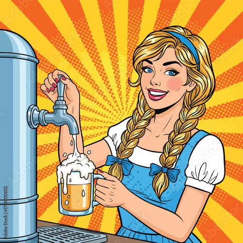 Pop art illustration of a smiling blonde woman in a traditional dirndl pouring a foamy beer from a tap.