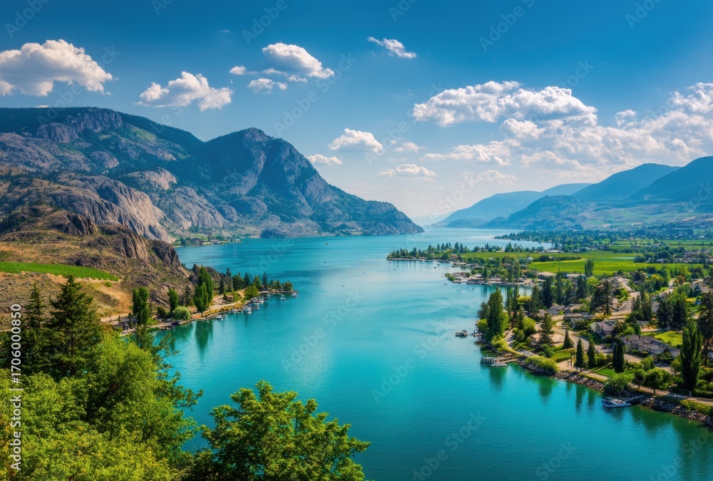 Naklejka premium Serene turquoise lake bordered by mountains, fields, and trees under a blue sky with puffy clouds. The view spans a scenic landscape on a sunny day