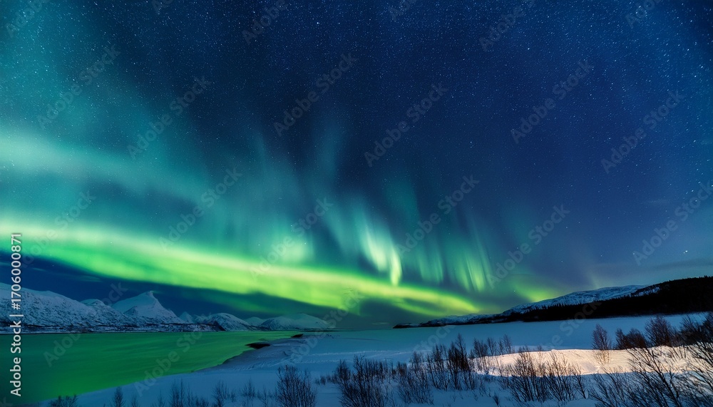 Naklejka premium An Enchanting Display Of The Northern Lights Painting The Night Sky In Vibrant Hues Of Green And Blue Offering A Breathtaking Spectacle Of Nature S Wonder