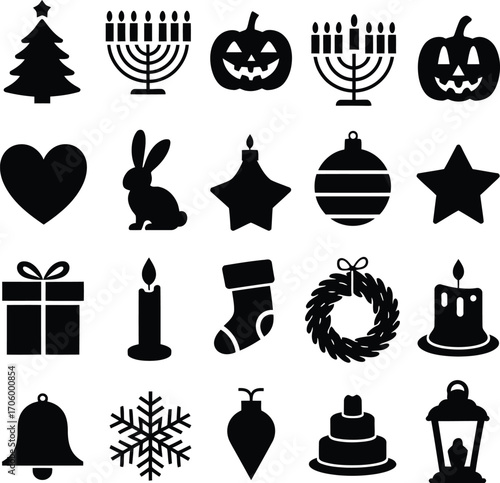 Vector art of festive holiday icons featuring christmas tree, hanukkah menorah, pumpkin, heart, rabbit, star, gift, candle, and wreath