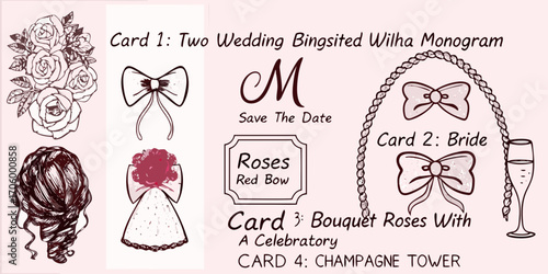 Elegant wedding invitation elements featuring roses bows monogram and champagne glass