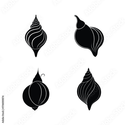 Four black and white seashell silhouette variations