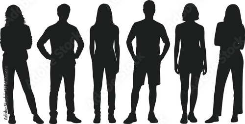 Flat vector illustration of standing male and female silhouettes, casual people poses, modern outline characters for design, banner, web, or infographic.