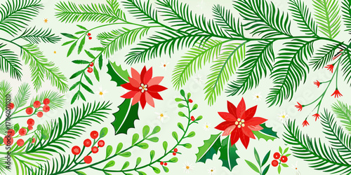 Festive christmas poinsettias holly berries and evergreen branches seamless pattern