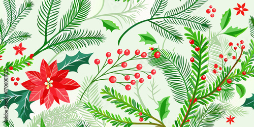 Festive christmas pattern with poinsettias holly berries and evergreen branches on a light green background