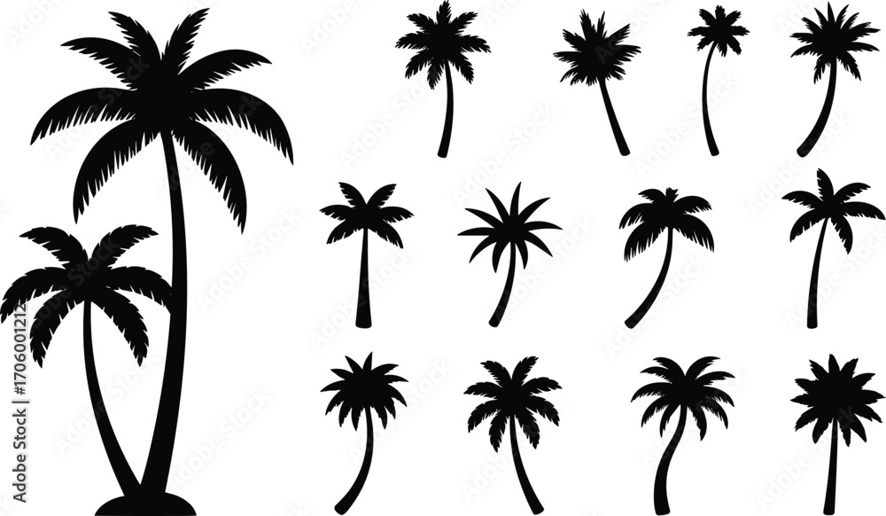 Obraz premium Palm tree silhouette collection, tropical nature icons, coconut tree vector set, beach paradise elements, summer vibe graphics, flat vector illustration.