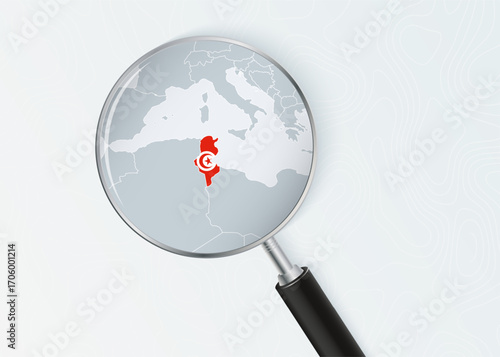 Tunisia Map Under Magnifying Glass with National Flag Overlay.
