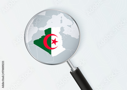 Algeria Map Under Magnifying Glass with National Flag Overlay.