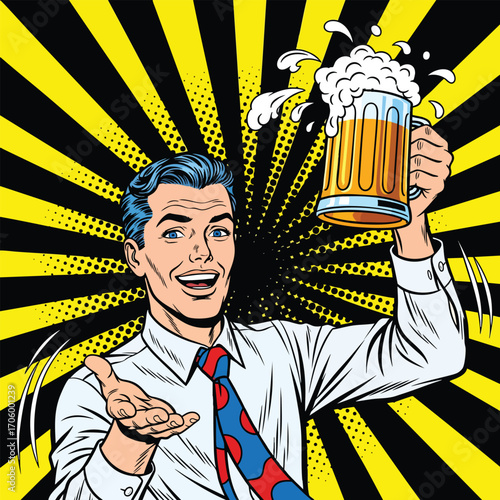 Pop art illustration of a smiling man in a shirt and tie toasting with a frothy beer mug.