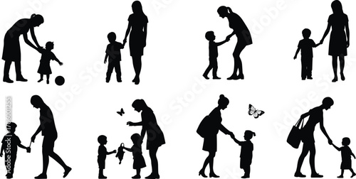 Silhouettes of mothers interacting with children, parenting moments, family bonding, child development, flat vector illustration, happy childhood scenes.