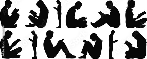 Silhouettes of people reading books, diverse reading poses, educational and learning concept, quiet study time, knowledge acquisition, flat vector illustration.